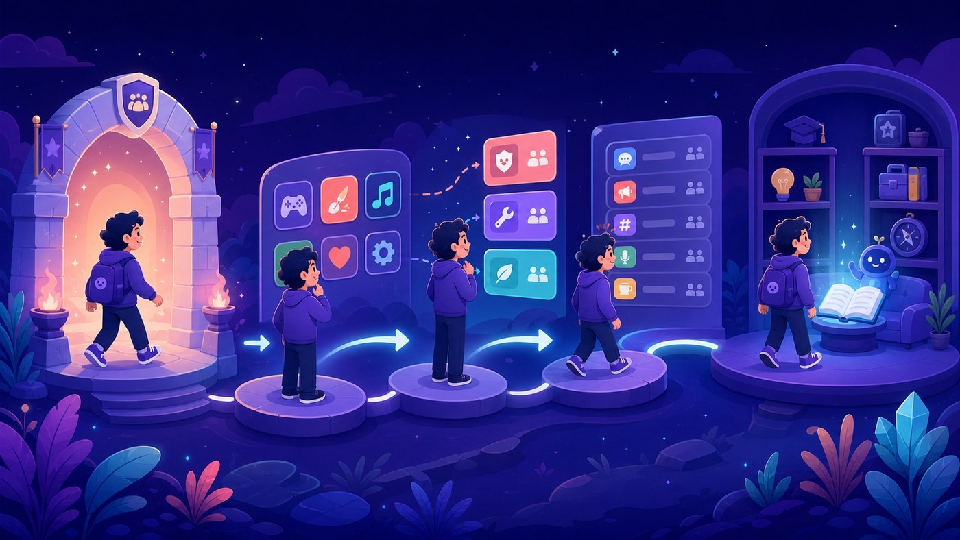 Discord Community Onboarding默认频道、兴趣问题和角色分配流程图
