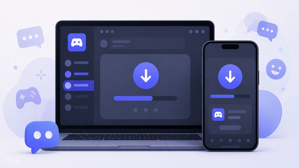 Discord 官网下载页面与 Windows、macOS、Android、iOS 各平台安装入口示意