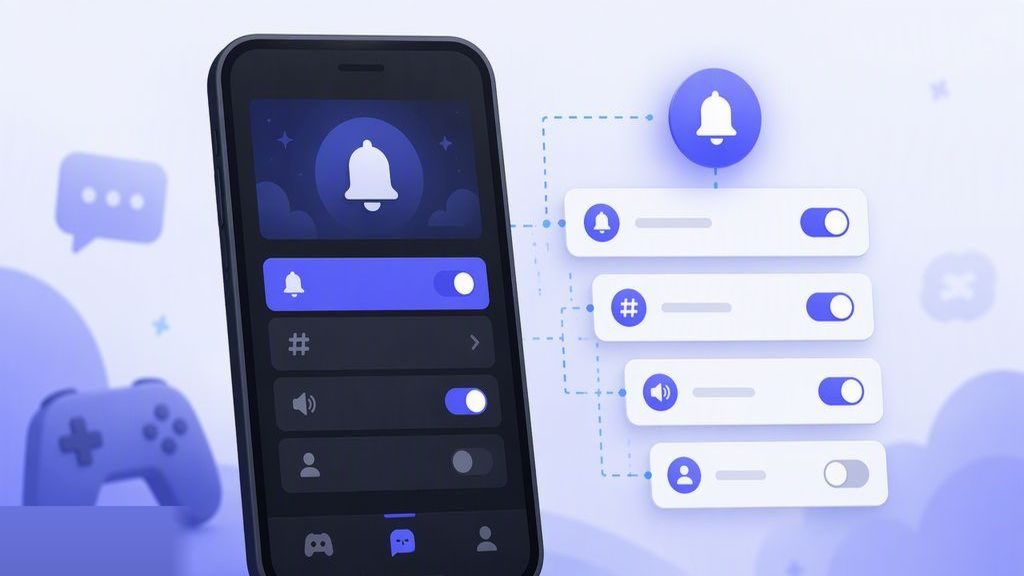 Discord通知设置三层层级结构示意图：全局设置、服务器设置与频道覆盖的叠加关系
