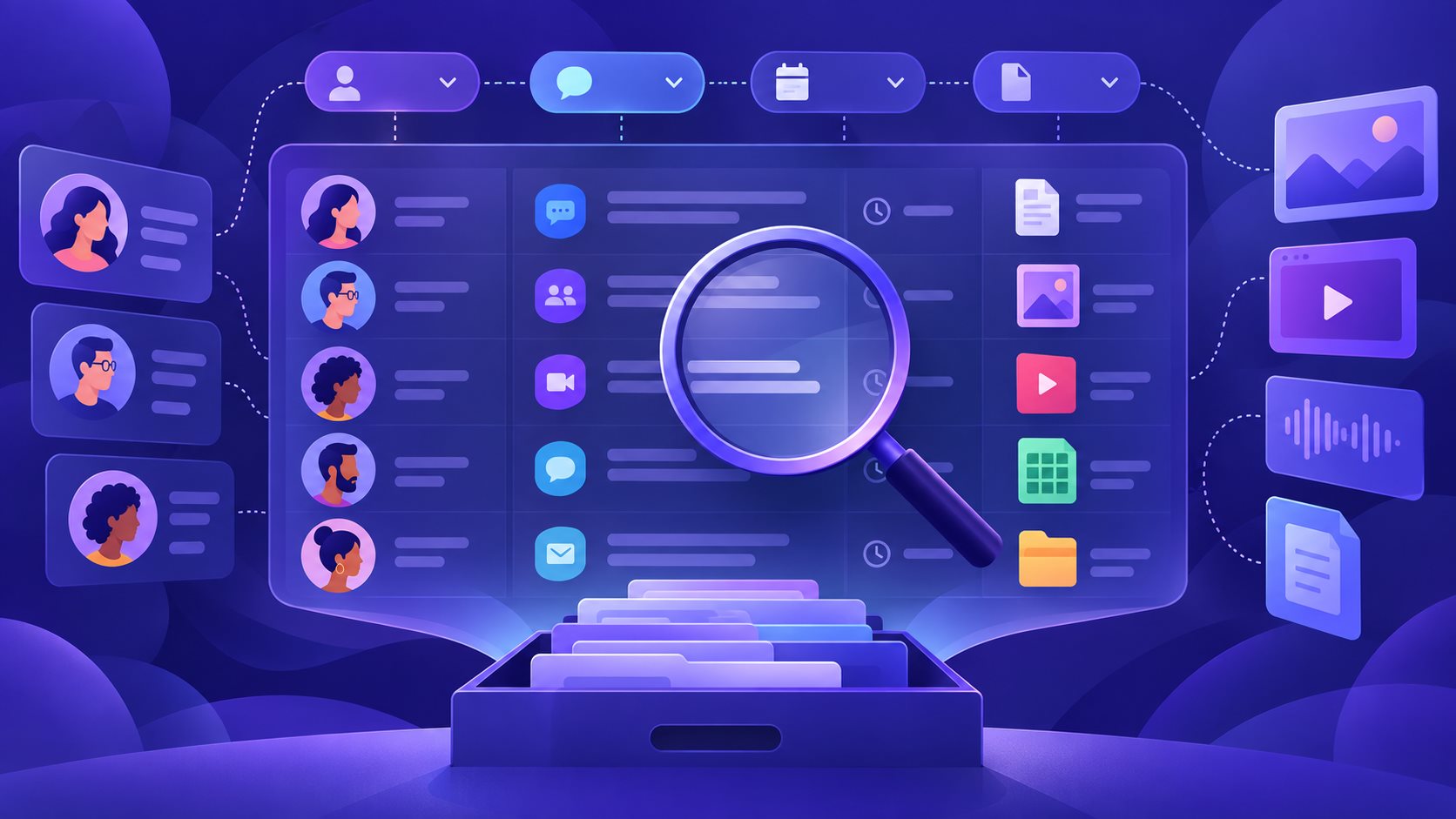 以关键词、作者、频道和时间逐步缩小 Discord 历史消息范围的示意图
