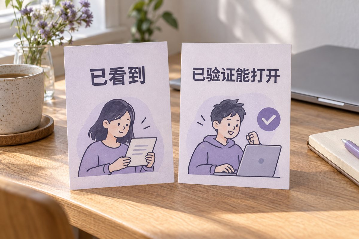 两张纸卡分别写已看到和已验证能打开